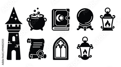Vector icons depicting mystical magic and fantasy elements like a wizard tower, cauldron, spellbook, crystal ball, lanterns, scroll, and gothic window. Ideal for games, apps, and enchanted designs.