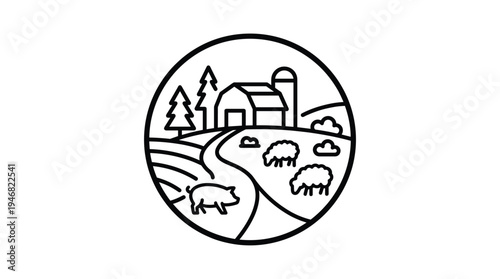 Minimalist black outline vector illustration depicting a rural farm scene with a barn, silo, trees, a pig, and sheep. Ideal for organic food brands, agriculture logos, and country-themed designs.