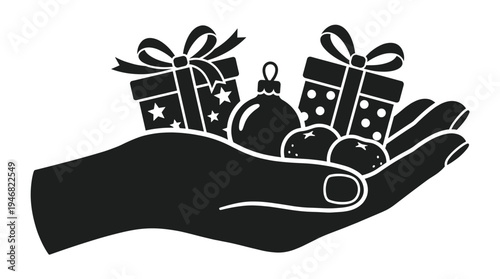 A caring hand cradles festive Christmas gifts, a holiday ornament, and fruits in a stylish vector silhouette. Ideal for seasonal greetings, promotions, and generosity themes.
