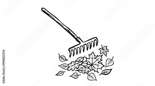 Simple hand drawn vector illustration of a rake gathering autumn leaves. Perfect for fall themes, seasonal cleaning, yard work, or gardening designs.