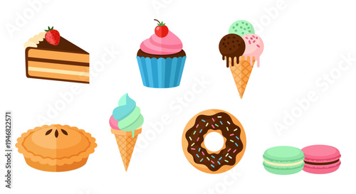 Assortment of Delightful Desserts: Cake, Cupcake, Ice Cream, Pie, Donuts, and Macarons