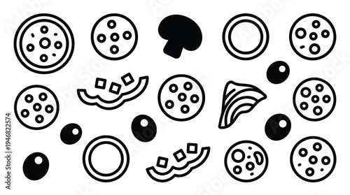 A clean vector set of black and white pizza toppings and ingredients. Includes pepperoni, mushrooms, olives, bacon, and bell peppers. Ideal for food apps, menus, and recipe designs.