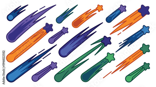 Dynamic vector illustration of colorful stylized comets and shooting stars with trails. Playful cosmic elements, ideal for educational, celebratory, or children's designs.