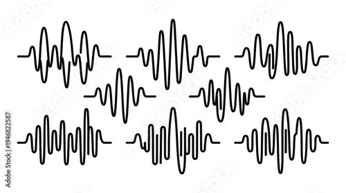 Dynamic set of black sound waveforms, perfect for illustrating audio technology, music, data visualization, or medical concepts. Clean, modern, and versatile vector design.