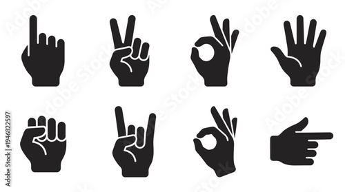 A diverse set of black vector hand gesture icons for communication. Includes pointing, peace, OK, fist, and direction symbols. Ideal for UI/UX design and modern graphic projects.
