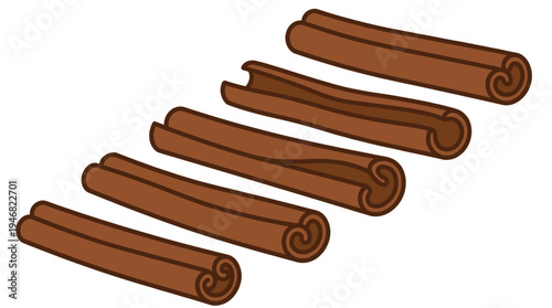 A charming vector illustration of cinnamon sticks, some whole and some split. Ideal for culinary blogs, spice packaging, festive designs, or recipe graphics.