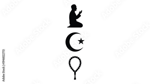 Black silhouettes representing Islamic prayer, crescent moon with star, and prayer beads. Ideal for religious, cultural, or educational design projects.