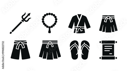 Collection of solid black vector glyph icons: trident, mala beads, kimono, martial arts apparel, flip-flops, and scroll. Ideal for cultural, spiritual, or sports designs.