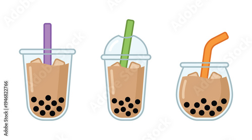 Vibrant vector illustration featuring three distinct bubble tea boba drinks with colorful straws and tapioca pearls, ideal for menus, websites, or food-related designs.