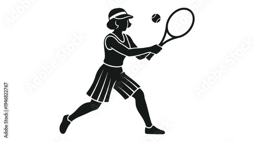 Dynamic vector illustration of a female tennis player in action, powerfully hitting a ball with her racket. Excellent for sports branding, fitness apps, or athletic designs.