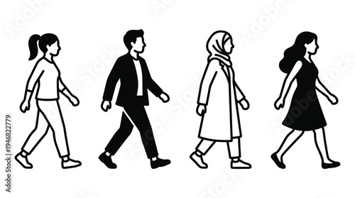 Four stylized figures, diverse men and women walking forward. Minimalist black and white vector illustration representing movement, community, and inclusivity. Ideal for web, apps, infographics