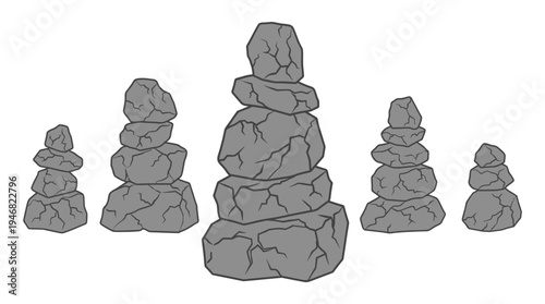 Vector illustration of various grey stacked rocks or cairns, symbolizing balance, stability, and zen. Ideal for nature, mindfulness, or outdoor-themed designs.
