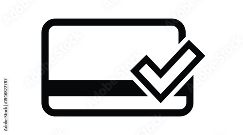 Simple graphic icon showing a credit card with a tick mark, denoting secure, verified, and successful payment processing. Useful for UI, web, and financial content.