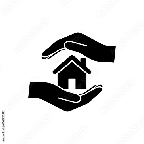 Black Icon of Hands Protecting a House Symbol