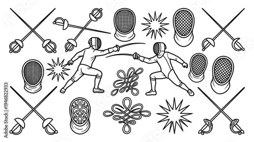 Vector outline set of fencing elements including fencers, masks, and crossed swords. Ideal for sports branding, graphic design, and athletic themes.