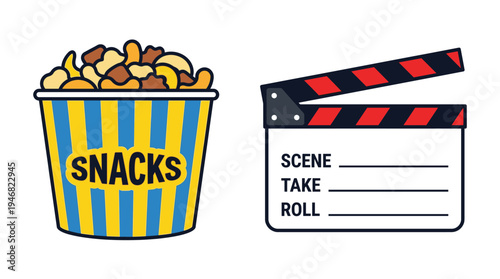 Vibrant vector illustration featuring a snack bucket and clapperboard, perfect for movie night promotions, entertainment, and film industry concepts. Flat design for modern appeal.