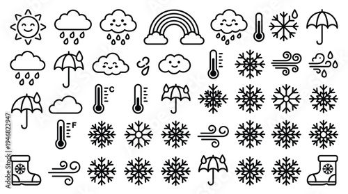 A collection of cute outline vector icons representing various weather conditions and seasons, ideal for web, app, or educational design projects.