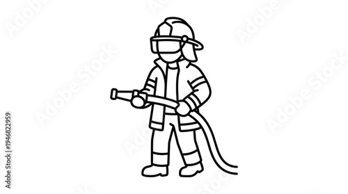 Simple line art vector of a firefighter holding a hose, ideal for safety awareness, emergency services, or educational materials. Represents courage and community service.