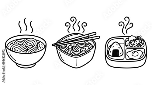Simple vector line art illustrations of popular Asian food: steaming noodles, ramen box with chopsticks, and a bento box. Perfect for menus, apps, and branding.