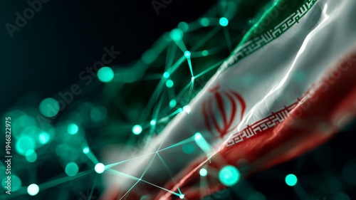 A nation amidst turmoil: the struggle and resilience unfold. Smart grid. Fierce battlegrounds: iranian flag with expansive explosions and dense smoke. Ai dataflow. Cyber intelligence.