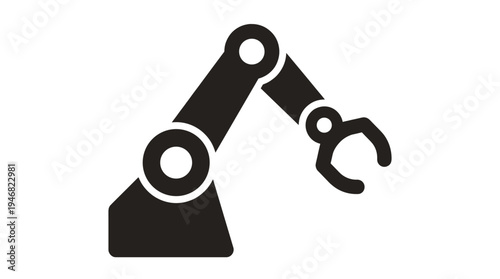 Simple black vector icon of an industrial robotic arm with a gripper. Represents automation, technology, and manufacturing processes. Ideal for modern digital design.