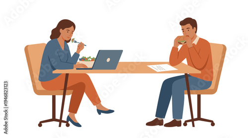 A vector illustration showing a woman eating a healthy salad and working on a laptop next to a man enjoying a hamburger. Depicts contrasting lunch choices and modern office life or remote work.