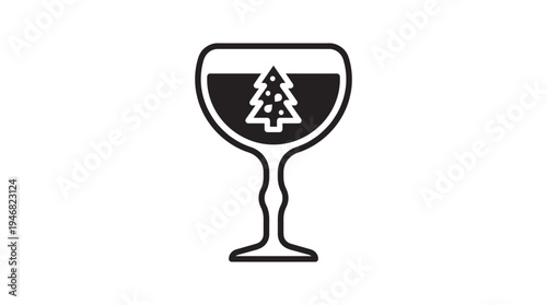 A festive black and white vector icon showcasing a stylized Christmas tree within a wine glass. Ideal for holiday party invitations, seasonal greetings, and winter drink promotions.