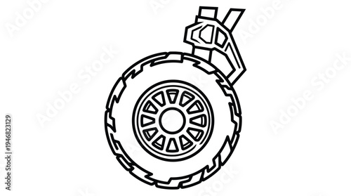 Clean vector illustration of an off-road vehicle wheel with tire and suspension detail. Ideal for automotive designs, adventure themes, mechanical engineering, and heavy-duty industry branding.