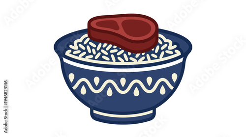 Stylized vector of a hearty rice bowl topped with savory meat. Ideal for food menus, healthy eating, recipe apps, and diet planning concepts.