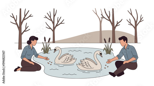 A serene vector illustration of a man and woman feeding two elegant swans in a pond, surrounded by nature with bare trees. Perfect for themes of park leisure, animal care, and outdoor activities.