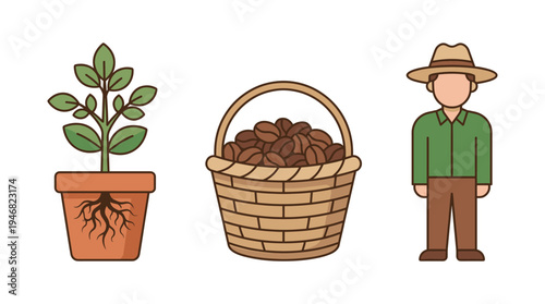 Vector illustration with icons of a coffee plant, beans in a basket, and a farmer. Great for agriculture, food industry, and natural product designs.