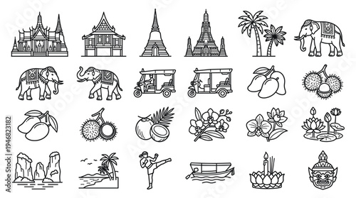 A collection of clean black line art icons showcasing Thailand's famous landmarks, cultural symbols, and natural beauty. Perfect for travel design projects, apps, and websites.