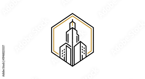 Geometric Modern Cityscape Logo Design Within A Hexagonal Frame, Simple Architecture.