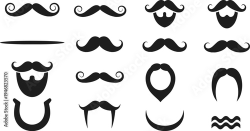 Collection of diverse mustache and beard silhouette icons in black, showcasing fifteen unique facial hair styles for grooming, design, illustration, and character creation references.
