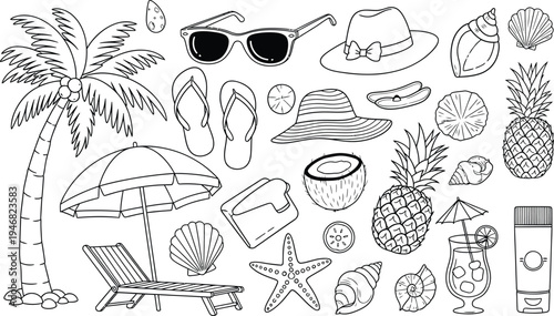 A black and white illustration of various summer vacation objects and symbols