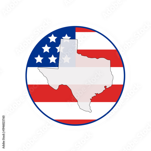 Texas state map over USA flag badge. Texas state map silhouette overlaid with the United States flag.