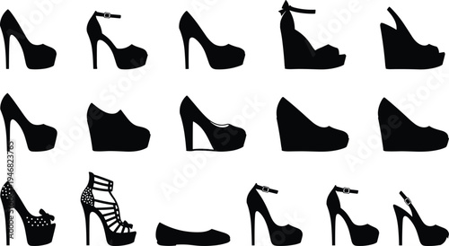 Collection of sixteen stylish women’s shoe silhouettes in grid layout featuring high heels, wedges, sandals, flats, and platforms for fashion design and retail concepts