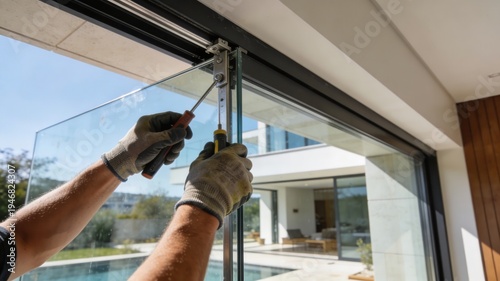Close-up of a worker's gloved hands meticulously installing a large glass sliding door panel into a modern home's frame, with a clear view of an outdoor pool and patio