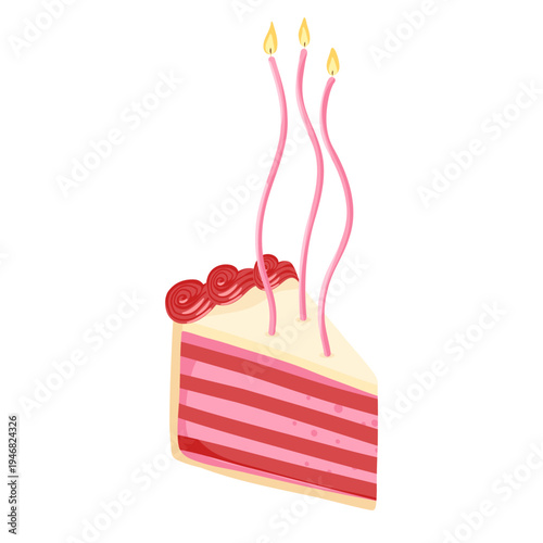 Slice of Birthday cake with trendy candles. Strawberry bakery dessert. A piece of cake with pink cream icing for celebration design. Vector illustration isolated on white for postcard, sticker