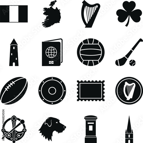 Collection of Irish cultural and national symbols in black and white.