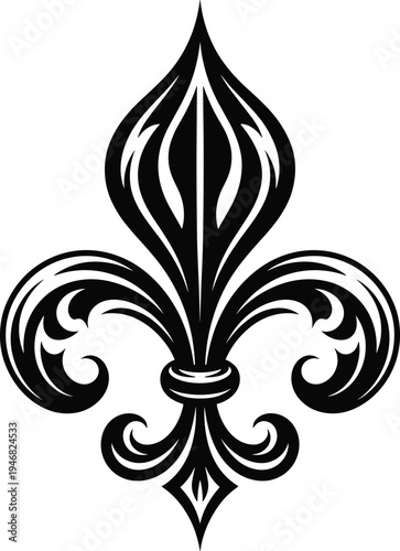 Elegant black and white fleur‑de‑lis symbol with ornate symmetrical curves and decorative flame‑like patterns, representing French heraldry, royalty, purity, strength, and timeless cultural design.