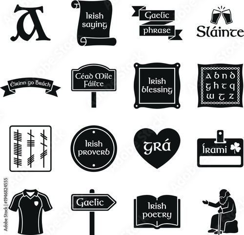 Collection of Irish and Gaelic cultural symbols and phrases in black and white.