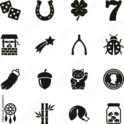 Collection of lucky charm icons representing good fortune and superstition.