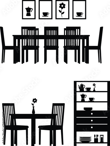 Elegant black silhouette dining room setups featuring large table with framed wall art and intimate table with shelving unit, teapots, cups, plates, and decorative flowers.