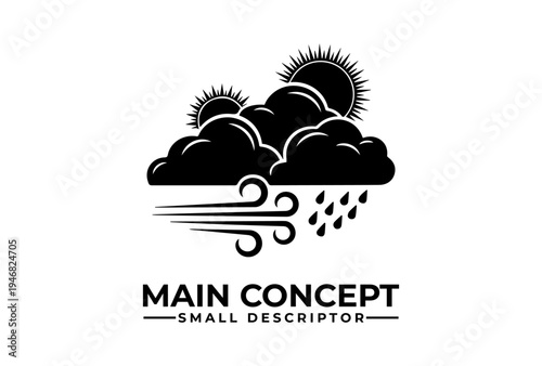 Cloud sun wind and rain weather symbols are presented as black vector silhouette sketch engraving logo illustration on white background for World Meteorological Day science concept