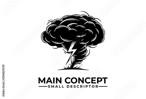 Tornado cloud and lightning storm symbol are presented as black vector silhouette sketch engraving logo illustration on white background for World Meteorological Day extreme weather concept