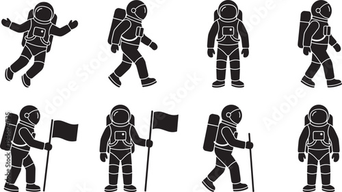 Astronaut silhouette set, spaceman walking floating planting flag space exploration astronaut vector icons collection