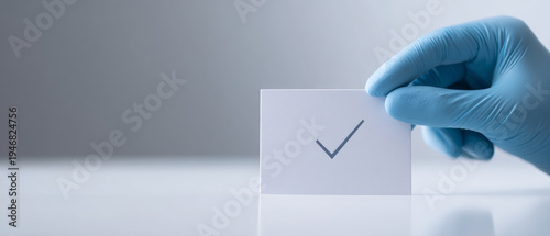 Hand in glove holding checkmark card