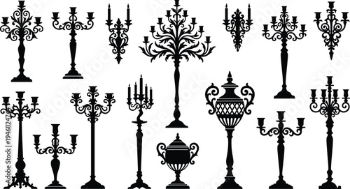 Elegant collection of ornate black silhouettes featuring classical candelabras and decorative urns, baroque 