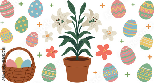 Easter lily plant in a terracotta pot with white blooms and green leaves.